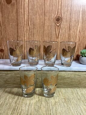 Vintage 1970’s Libbeys Gold Sweetgum Tree Leaves 22k Glasses 6 10 oz